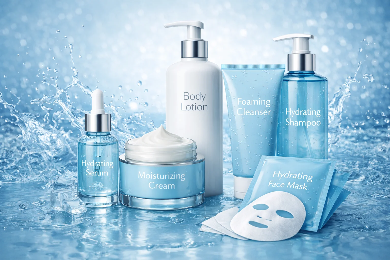 Assorted hydrating skincare products including serum, cream, lotion, cleanser, shampoo, and face masks set against a watery backdrop.